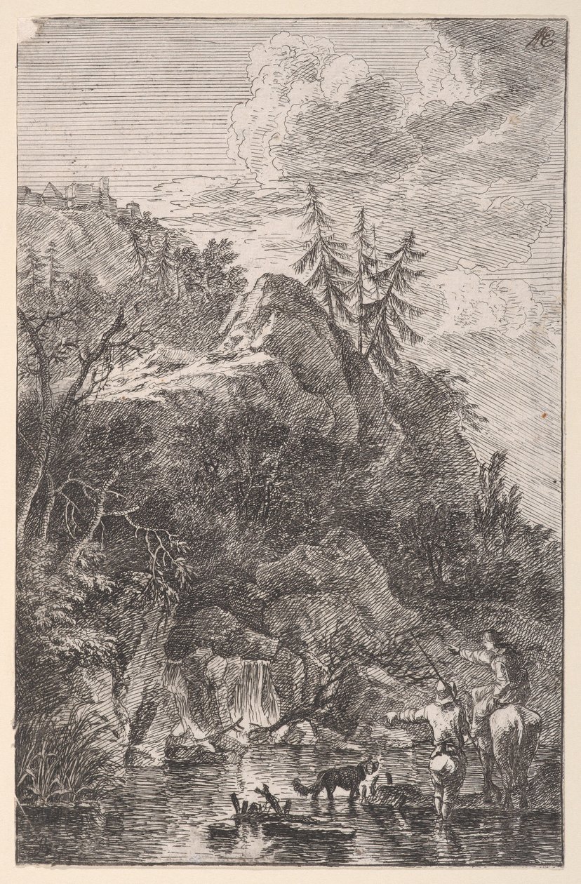 5. tábla: női alak lóháton és egy férfi alak kutyával egy szökkenőben..., kb. 1700-25. alkotó: Franz Joachim Beich