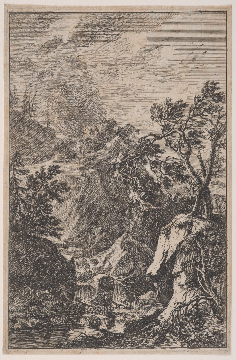 6. tábla: jobbra két férfialak egy sziklán, középen egy vízesés..., kb. 1700-25. alkotó: Franz Joachim Beich