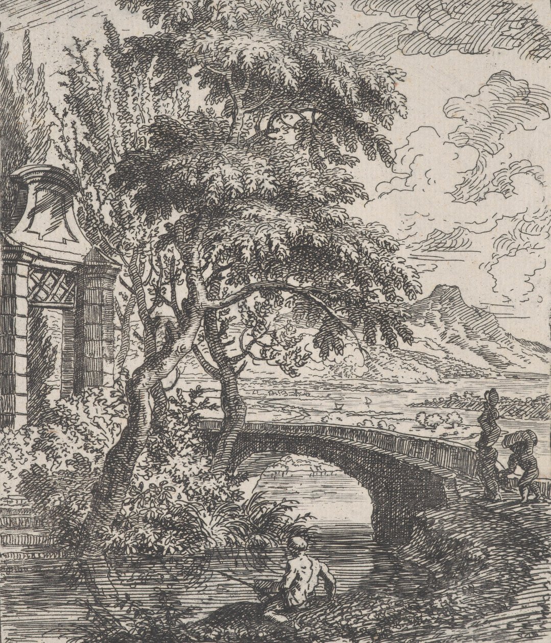 7. tábla: jobbra két alak, egy kőhídon átkelni készül, egy halász a for..., kb. 1700-25. alkotó: Franz Joachim Beich