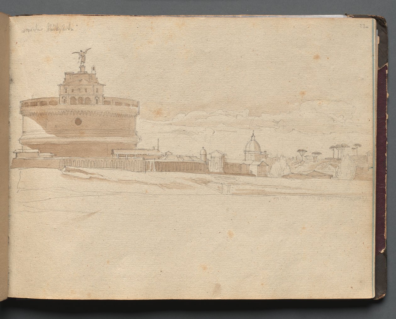 Album Róma és környéke kilátással, Tájtanulmányok, 23a. oldal: St Angelo kastély, Róma. alkotó: Franz Johann Heinrich Nadorp