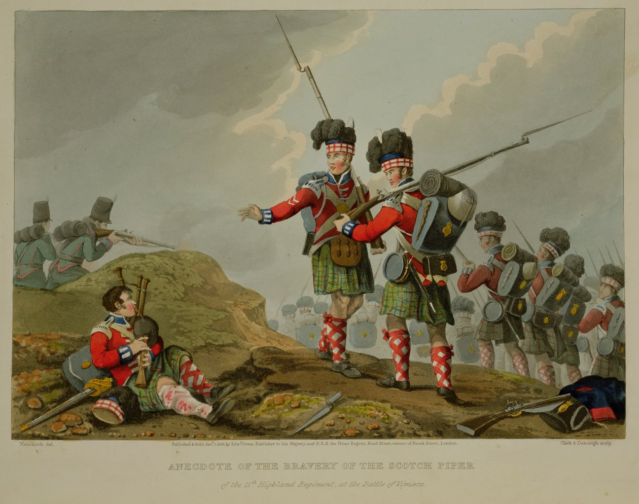 Anekdota a 11. felföldi ezred skót piperájának bátorságáról a vimierói csatában, John Heaviside Clark (1771-1863 körül) és Matthew Dubourg (1813-20) metszete a "Történelmi, Mili alkotó: Franz Joseph Manskirch