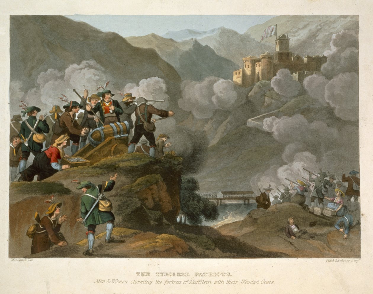 A tiroli hazafiak, akik faágyúikkal megrohamozzák Kuffstein erődjét, John Heaviside Clark (1771-1863 körül) és Matthew Dubourg (1813-20) metszetei a Történelmi, katonai és haditengerészeti anekdából alkotó: Franz Joseph Manskirch