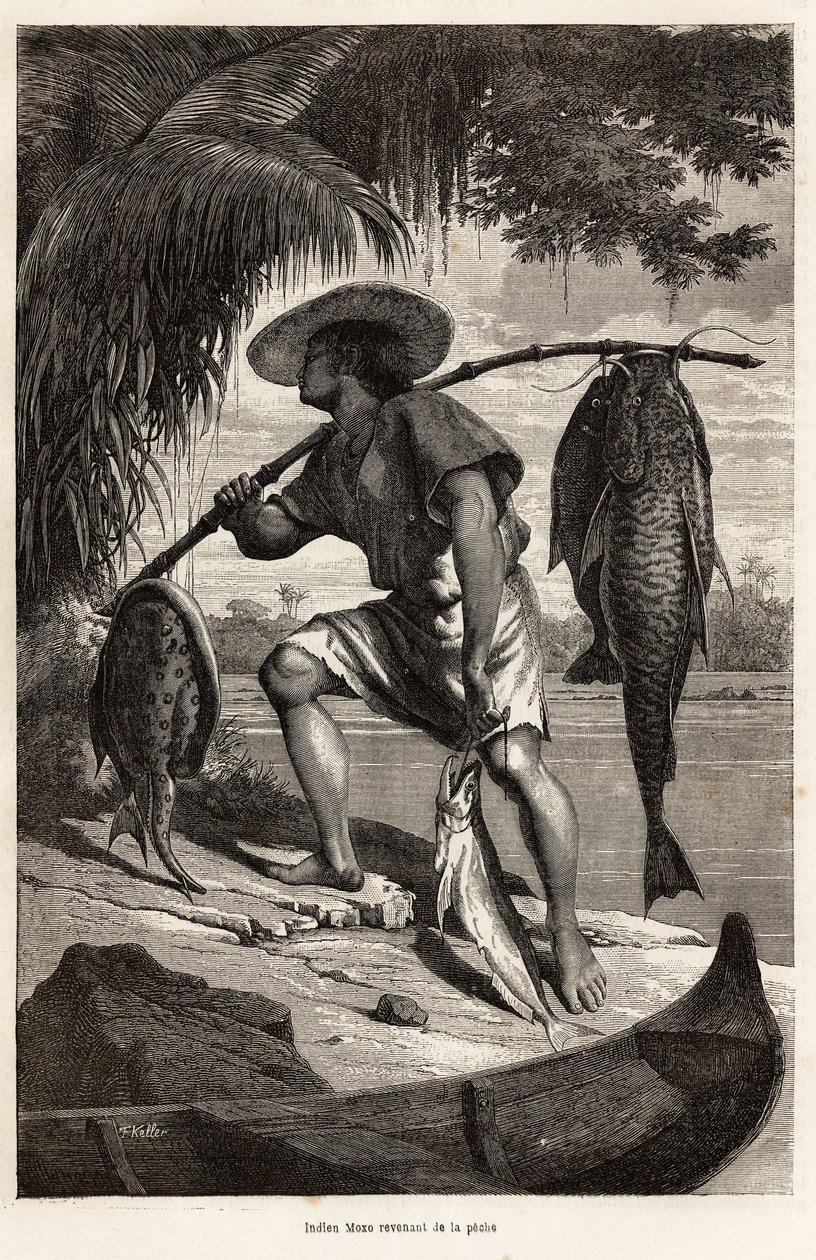 Indiai Moxo (Mojo, Moxeno) (a Mato Grosso régióból) horgászatból visszatérve, metszet a narrátor rajza után, az Amazonas és a Madeira felfedező utazását illusztrálva, 1874-ben, Franz Keller Leuzinger, megjelent a „” Le tour du alkotó: Franz Keller
