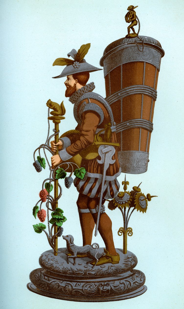 Német asztaldísz zománcozott és aranyozott rézből, 16. század vége, 1870. alkotó: Franz Kellerhoven