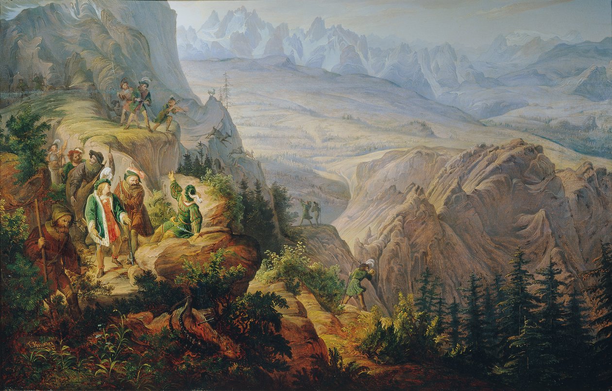I. Maximilian császár (?) kősziklára vadászik alkotó: Franz Krammer
