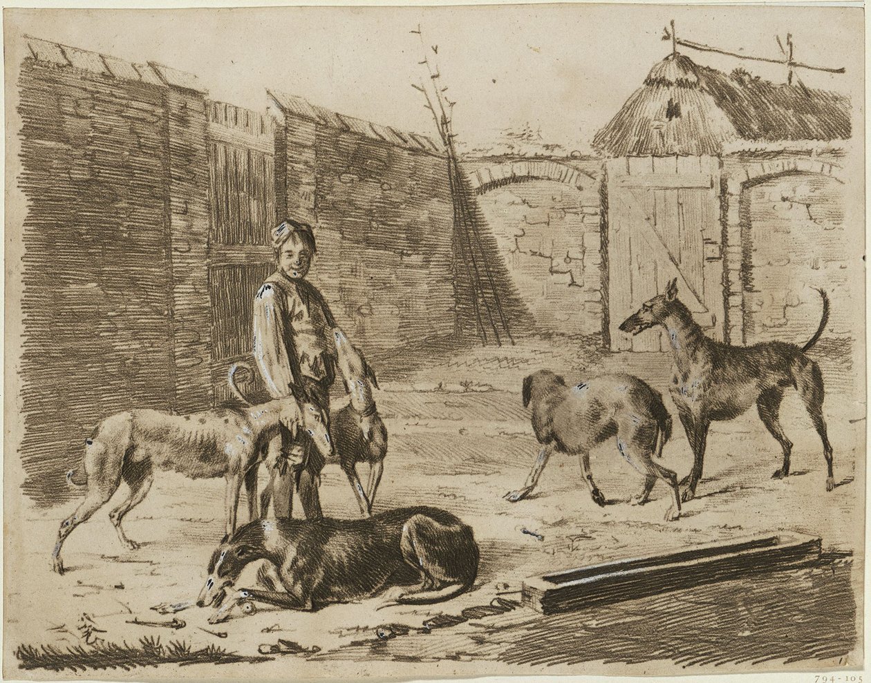 Udvar fiúval és kutyákkal alkotó: Franz Krüger