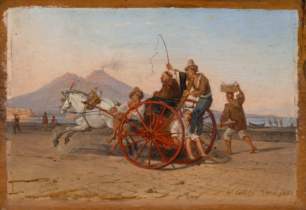 "Egy kapucinus szerzetes és apáca egy nápolyi karettán hajtanak Nápoly kikötőjében" alkotó: Franz Ludwig Catel