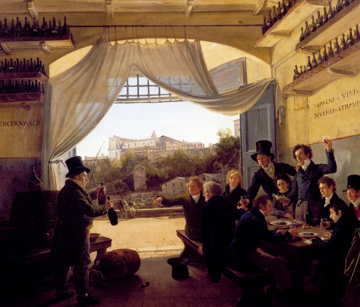 II. Lajos de Baviere barátaival iszogat a római spanyol borozóban. 1824 (olaj, fa) alkotó: Franz Ludwig Catel