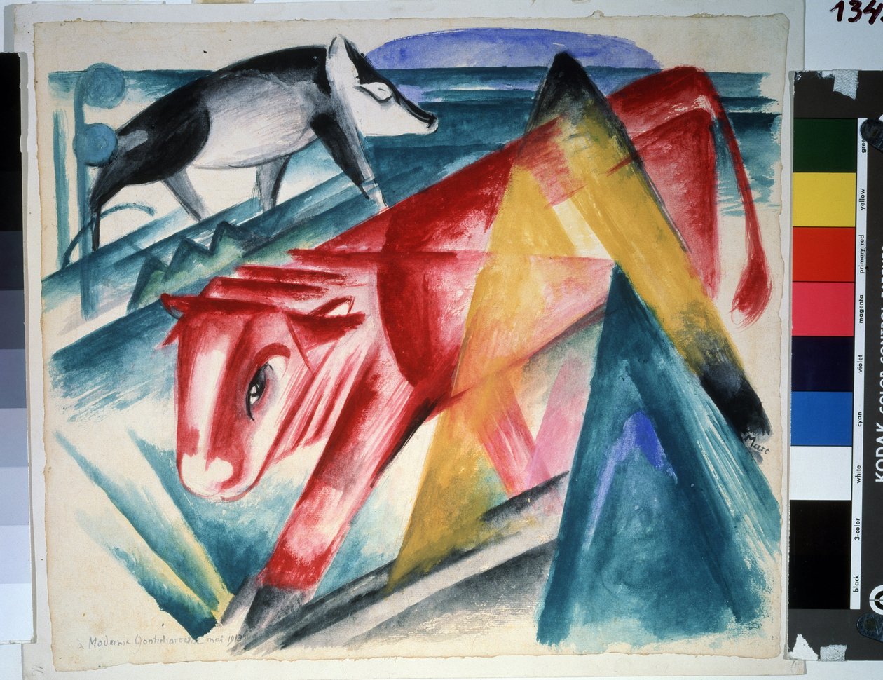 ""Állatok"" (Állatok) Tehén és vaddisznó. Franz Marc (1880-1916) akvarellje (expresszionizmus) 1913. Méret 39x45 cm Puskin Múzeum, Moszkva alkotó: Franz Marc