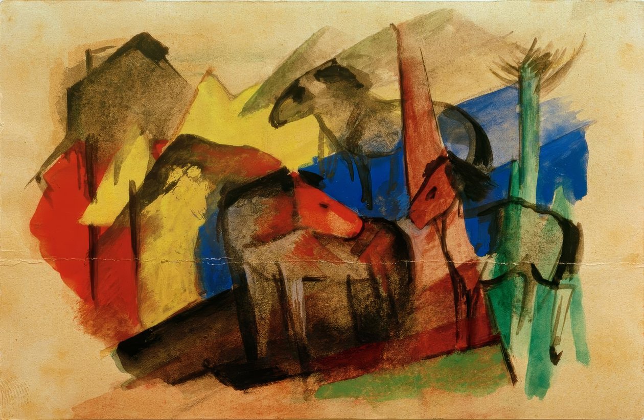 Három ló táj házakkal alkotó: Franz Marc