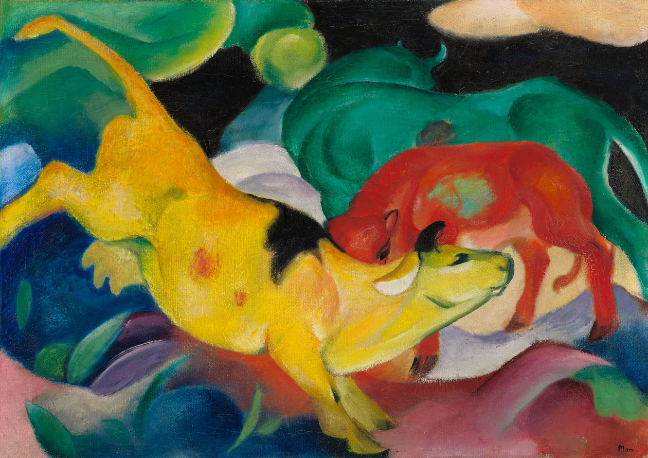 Tehenek, piros, zöld, sárga alkotó: Franz Marc