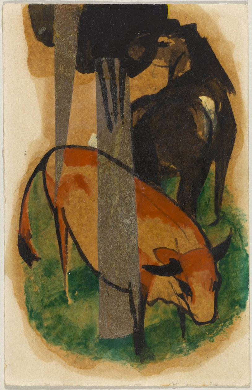 Vörös ló és sárga marha (fekete-barna ló és sárga marha), képeslap Sindelsdorfból Alfred Kubinnak Wernstein/Zwickledtben alkotó: Franz Marc