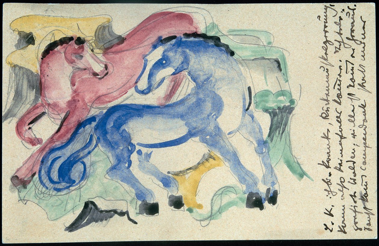 "Vörös és kék ló", Franz Marc Sindelsdorfból Wassily Kandinskyig Münchenben: képeslap, 1913. április 5-i bélyegző alkotó: Franz Marc