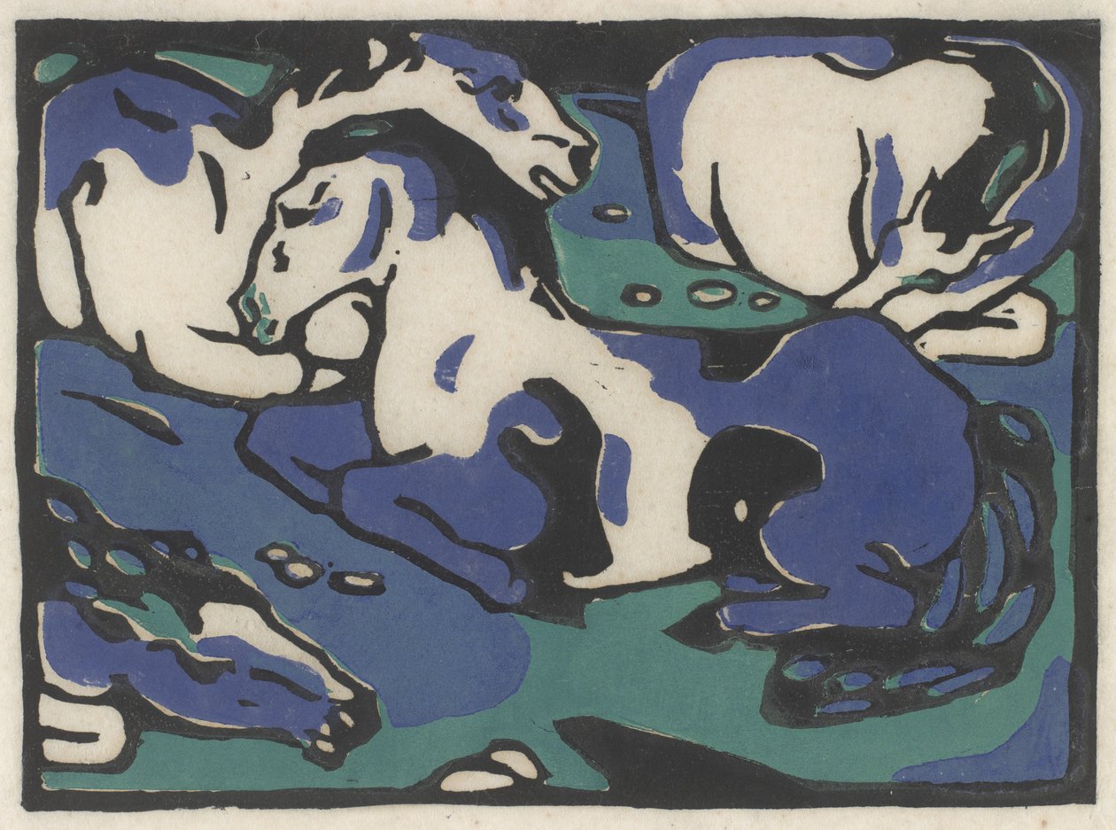 Ruhende Pferde (Pihenő lovak), 1911-1912, nyomtatva 1916 (fekete, kék és zöld fametszettel, japán papírra) alkotó: Franz Marc
