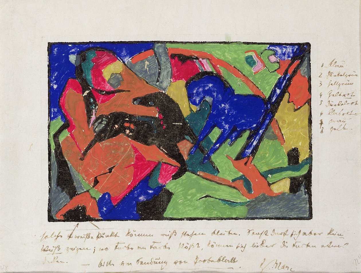 Két ló, 1911-12 (kézzel színezett nyomat) alkotó: Franz Marc