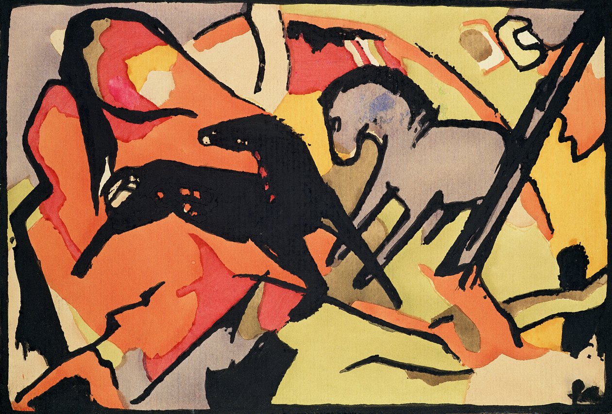 Két ló, 191112 (indiai tinta és wc papíron) alkotó: Franz Marc