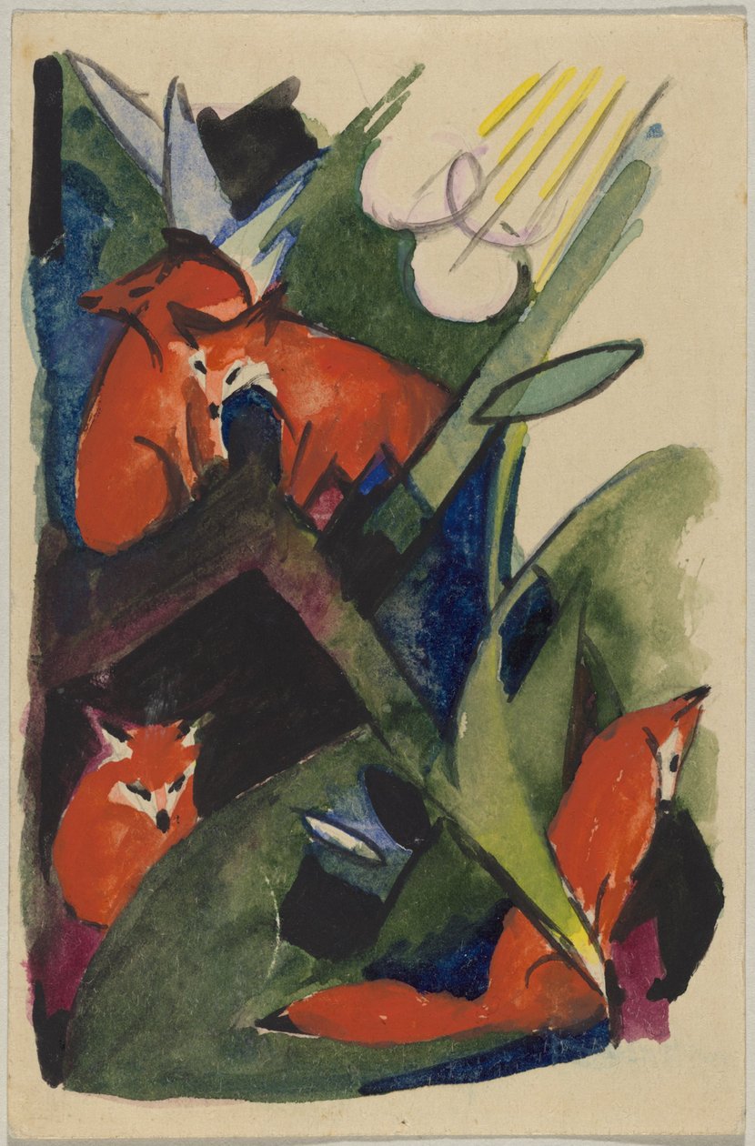 "Négy róka", Franz Marc Sindelsdorfból Wassily Kandinskyig Münchenben: képeslap, 1913. február 4-i postabélyegző alkotó: Franz Marc
