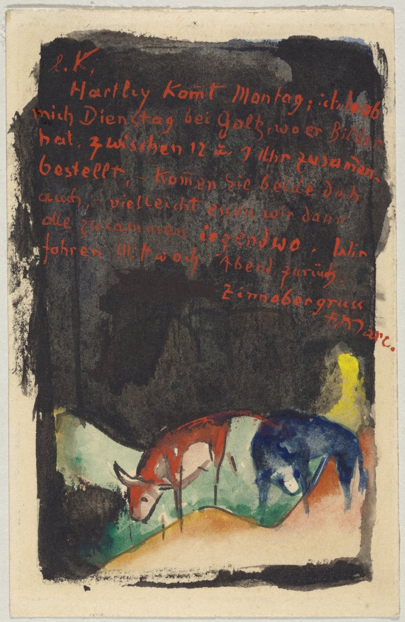 "Zinnobergrüss", Franz Marc Sindelsdorfból Wassily Kandinskyig Münchenben: képeslap, postabélyegző 1913. április 19. alkotó: Franz Marc