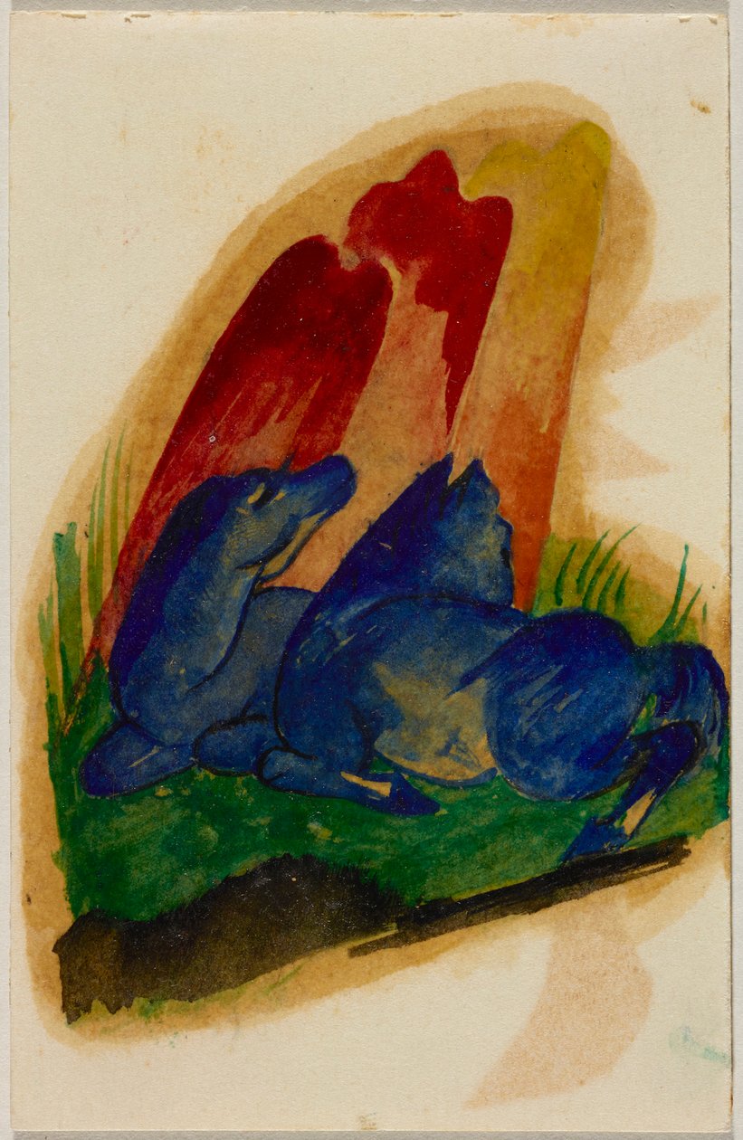 Zwei blaue Pferde vor rotem Felsen, Postkarte aus Sindelsdorf an Wassily Kandinsky in München alkotó: Franz Marc