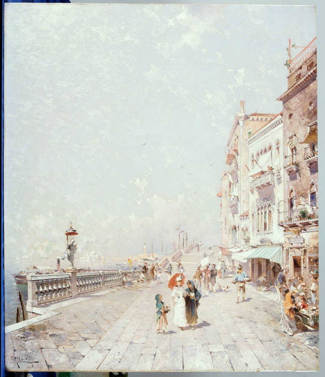A Molo, Velence, nyugatra néz figurákkal, Sétáló alkotó: Franz Richard Unterberger
