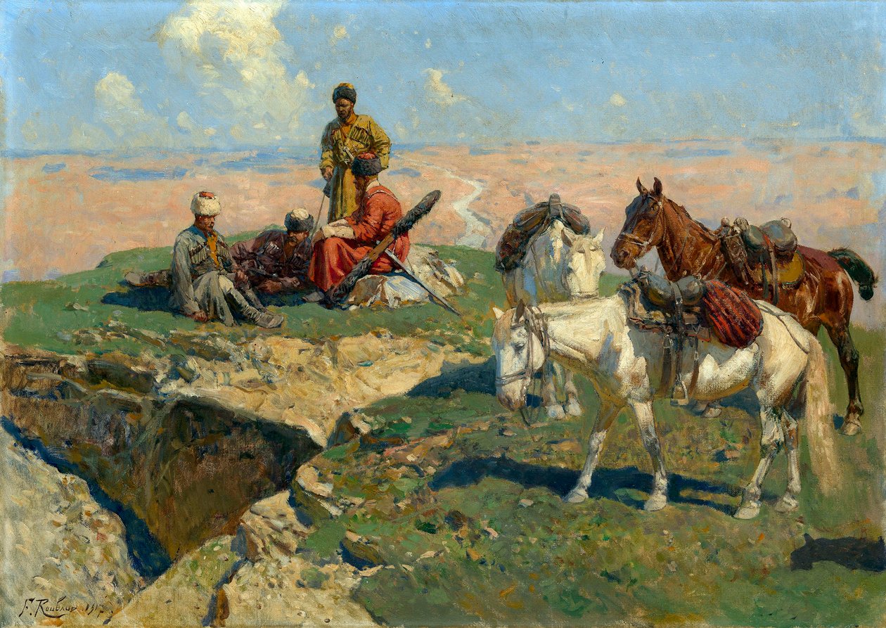 A kaukázusi harcosok megtorpanása – Franz Roubaud (1856-1928) festménye alkotó: Franz Roubaud