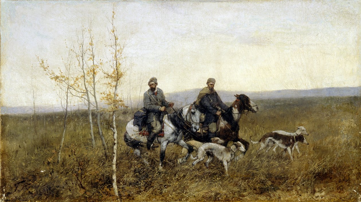A vadászok. Franz Roubaud (1856-1928) festménye, olaj, vászon alkotó: Franz Roubaud