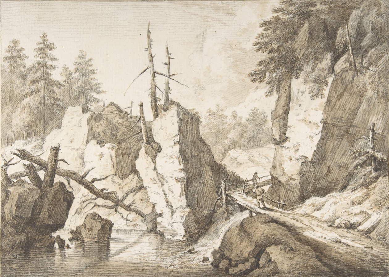 Svájci hegyi táj egy patakon átívelő kis híddal, 1751-81. alkotó: Franz Schutz