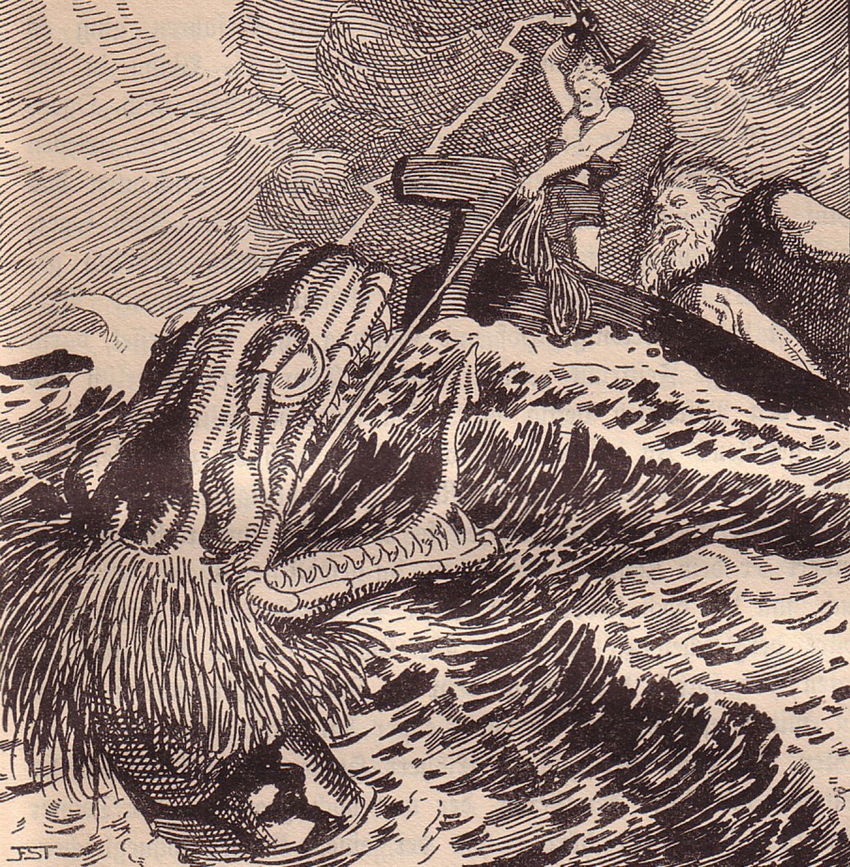 Thor és Hymir Fishing. Illusztráció az Edda: Germán istenek és hősök című könyvéhez, Hans von Wolzogen alkotó: Franz Stassen