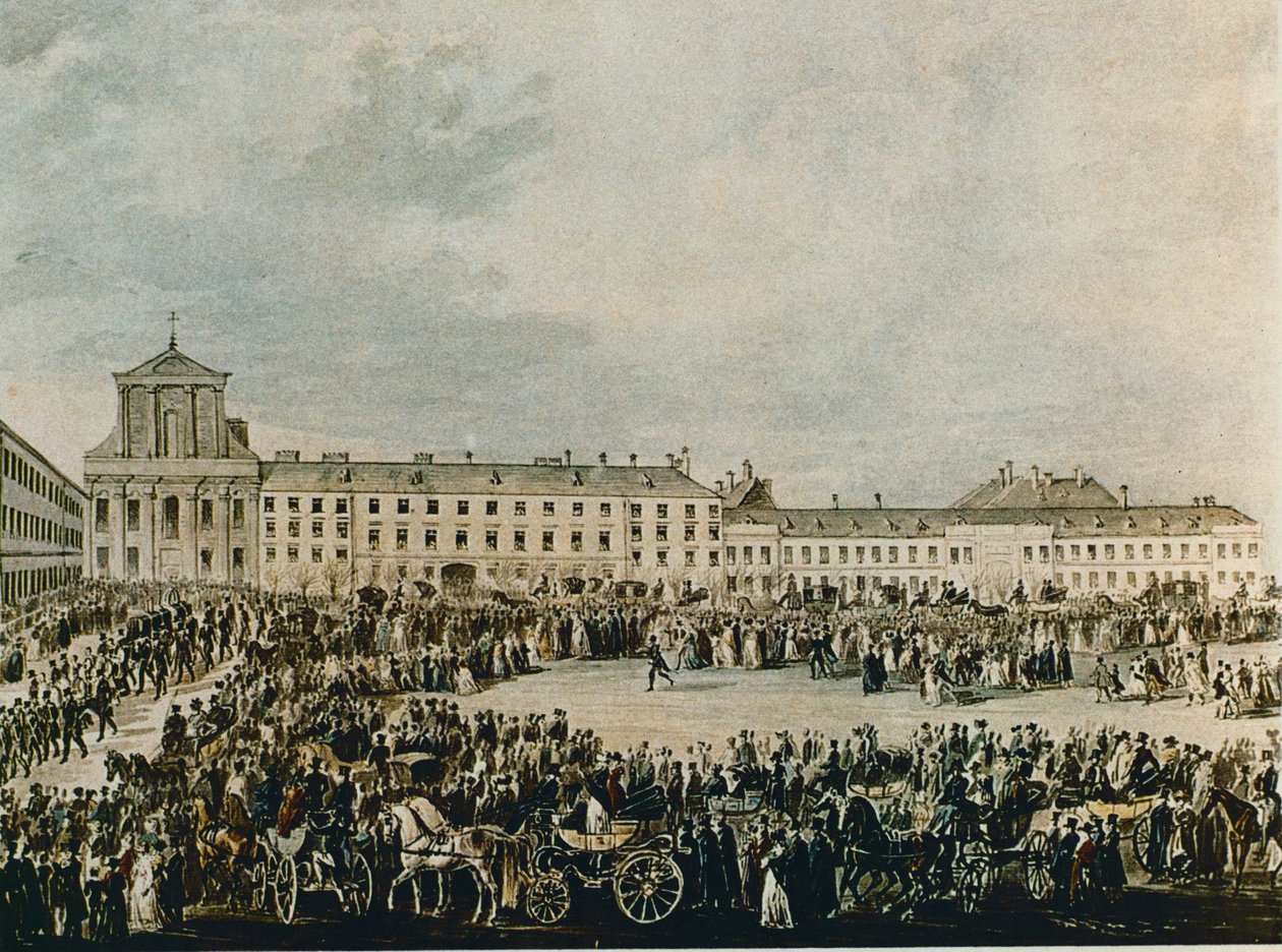 Ludwig van Beethoven gyászmenete 1827-ben a Schwarzspanierhausból a bécsi Alsergasse-i Szentháromság-templomhoz (akvarell) alkotó: Franz Stober