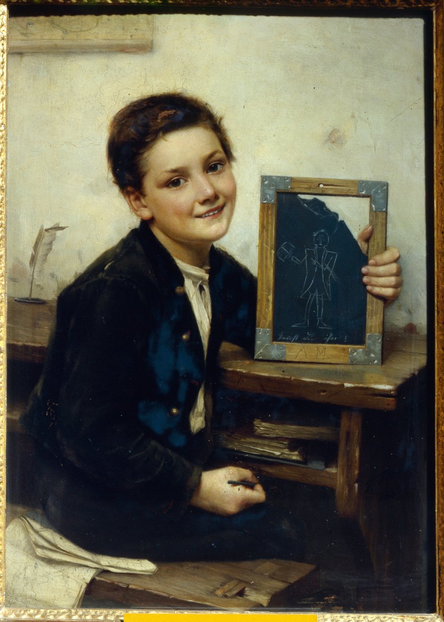 Ecolier (Schoolboy) - Franz Thone (1851-1906) festménye, olaj, fa, 50x38 cm alkotó: Franz Thone