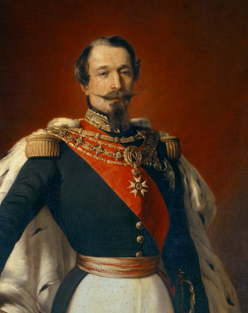 III. Napóleon (1808-1873), a franciák császárának portréja a Chateau de Saint Cloud látképe előtt. Franz Xaver Winterhalter (1806-1873) festményének részlete 1855 Dim. 2,4x1,5 m alkotó: Franz Xaver  Winterhalter (after)