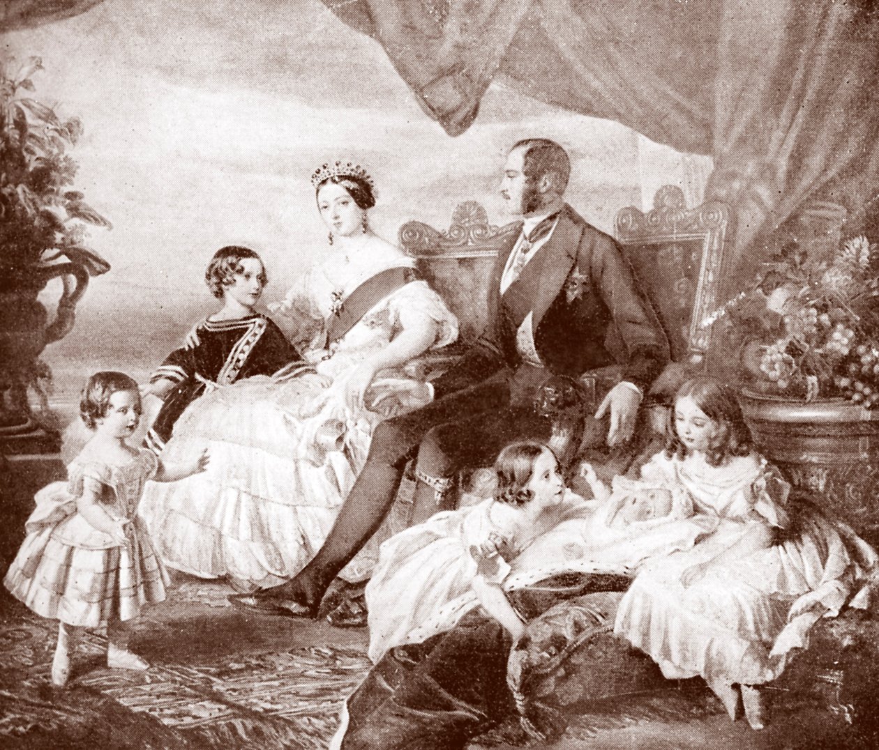 Viktória királynő Albert herceggel és gyermekeikkel, a "VII. Edward, élete és kora" című könyvből (nyomtatás). alkotó: Franz Xaver  Winterhalter (after)