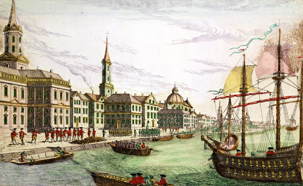 Az angol csapatok partraszállása New Yorkban, 1776. június 29. (színes metszet) alkotó: Franz Xaver Habermann
