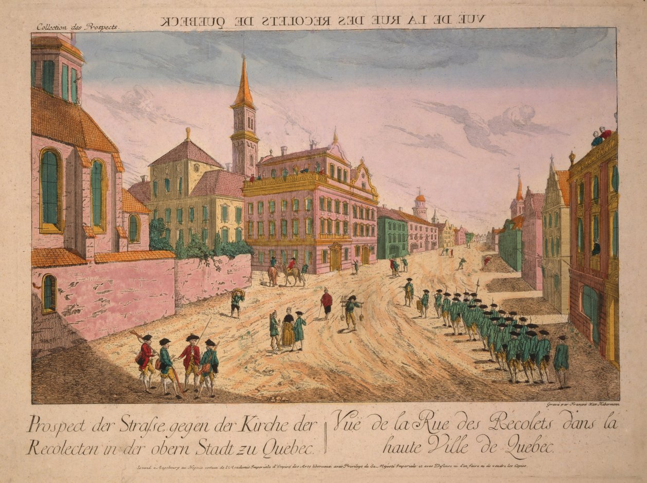 Vue de la Rue des Récollets de Quebec, az 1770-es évek körül (kézzel színezett metszet) alkotó: Franz Xaver Habermann
