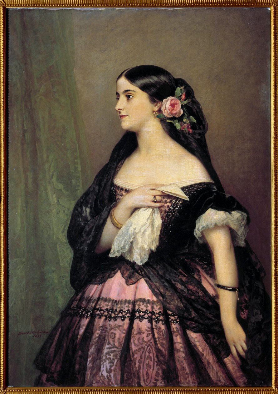 Adelina Patti. Portréja Adelina Patti (1843-1919) énekesnőről, a spanyol szopránról, aki Rosine szerepét tolmácsolja Gioacchino Rossini „A sevillai borbély” (Sevillai borbély) című művében. Xaver Winterhalter (1806-1873) festménye alkotó: Franz Xaver Winterhalter