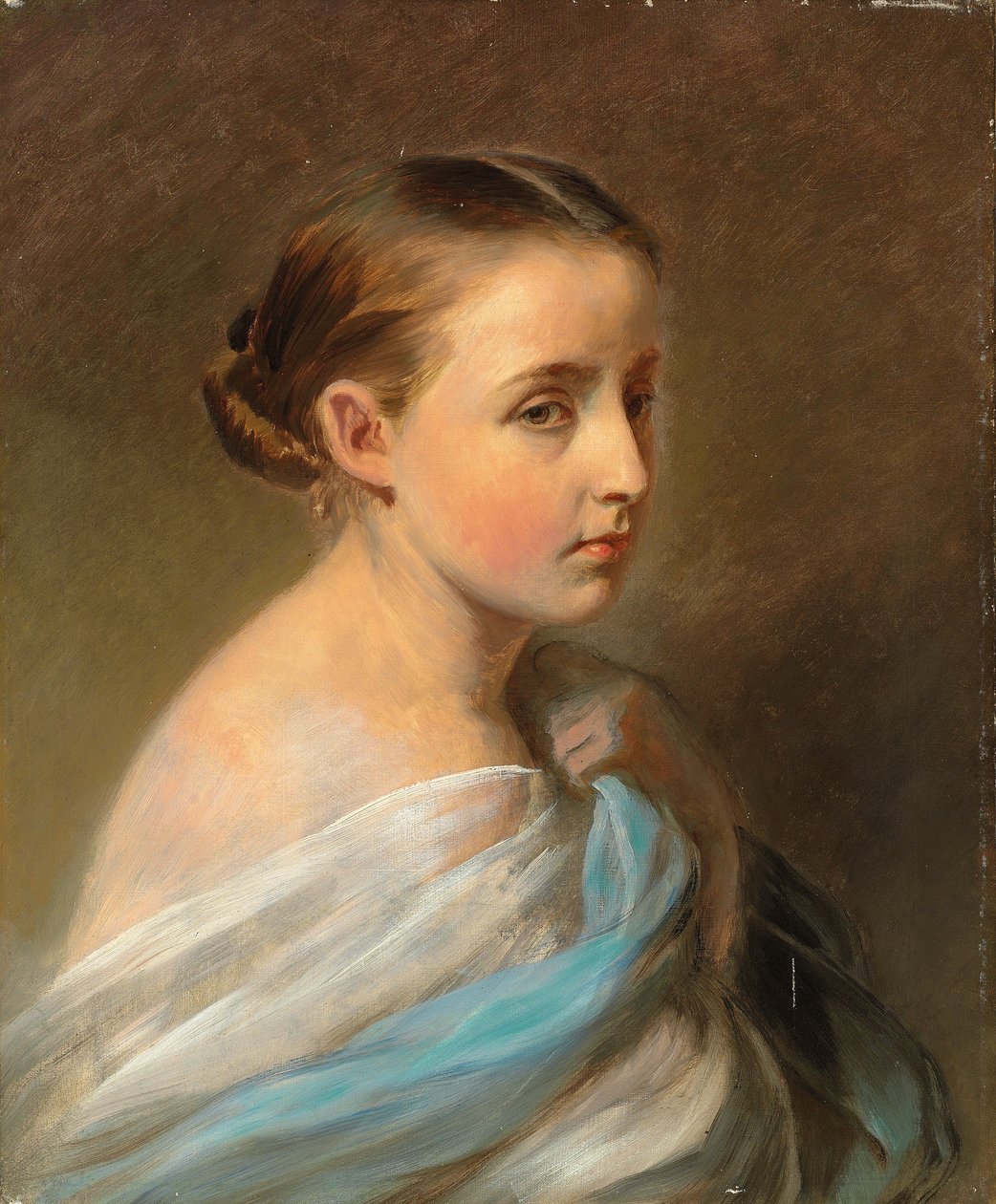 Egy lány portréja, fej és váll, kék-fehér kendővel, 1850 körül alkotó: Franz Xaver Winterhalter