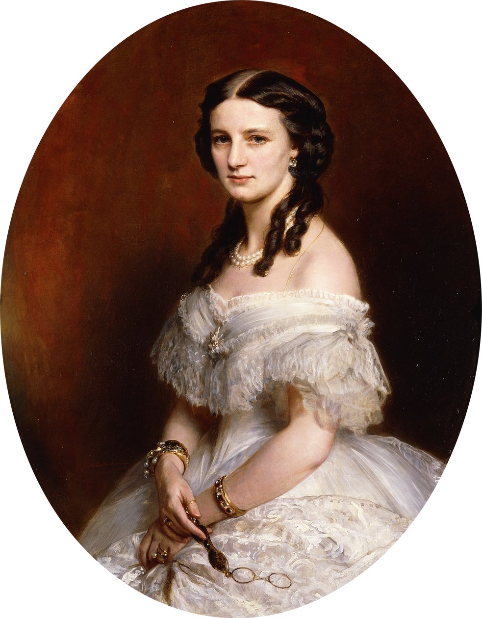 Félhosszú, fehér ruhát viselő hölgy portréja, kezében egy lunettával, alkotó: Franz Xaver Winterhalter
