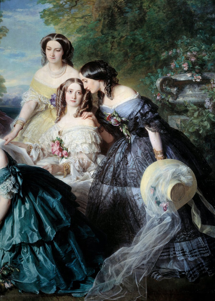 Az impressz Eugenie (1826-1920) 1855-ben körülvette a Részlet Palota tiszteletbeli hölgyeit, akik Malaret bárónőjét képviselték, szül.: Nathalie de Segur (sárga), de las Marismas márkine (fehér) és de La Tour Maubourg márki. Franz Xavier Wi festménye alkotó: Franz Xaver Winterhalter