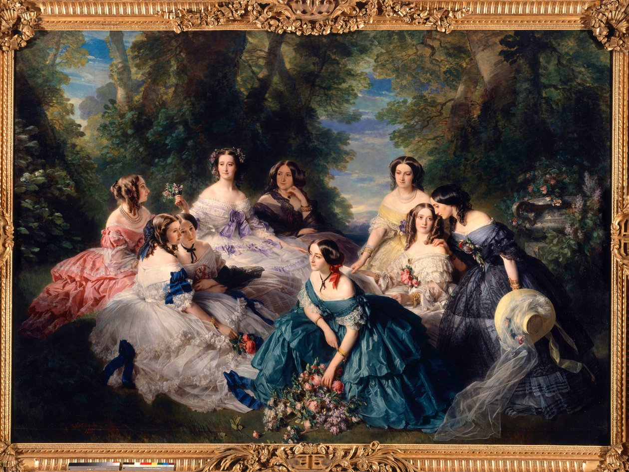 Az impresszum Eugenie (1826-1920) 1855-ben körülvette a palota tiszteletbeli hölgyeit. Balról jobbra lent: Essling hercegnője, nagy háziasszony; Stones bárónő, Lezay-Marnezia vikomtné (Lezay Marnezia); Montebello márkiné (Miss de Villeneuve). Nak nek alkotó: Franz Xaver Winterhalter