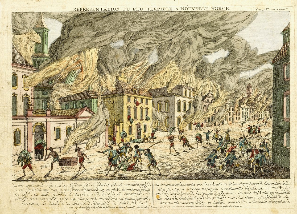 New York kilátása az 1776-os nagy tűzvész idején; Representation du Fue Terrible a Nouvelle York, 1780 alkotó: Franz Xaver Habermann