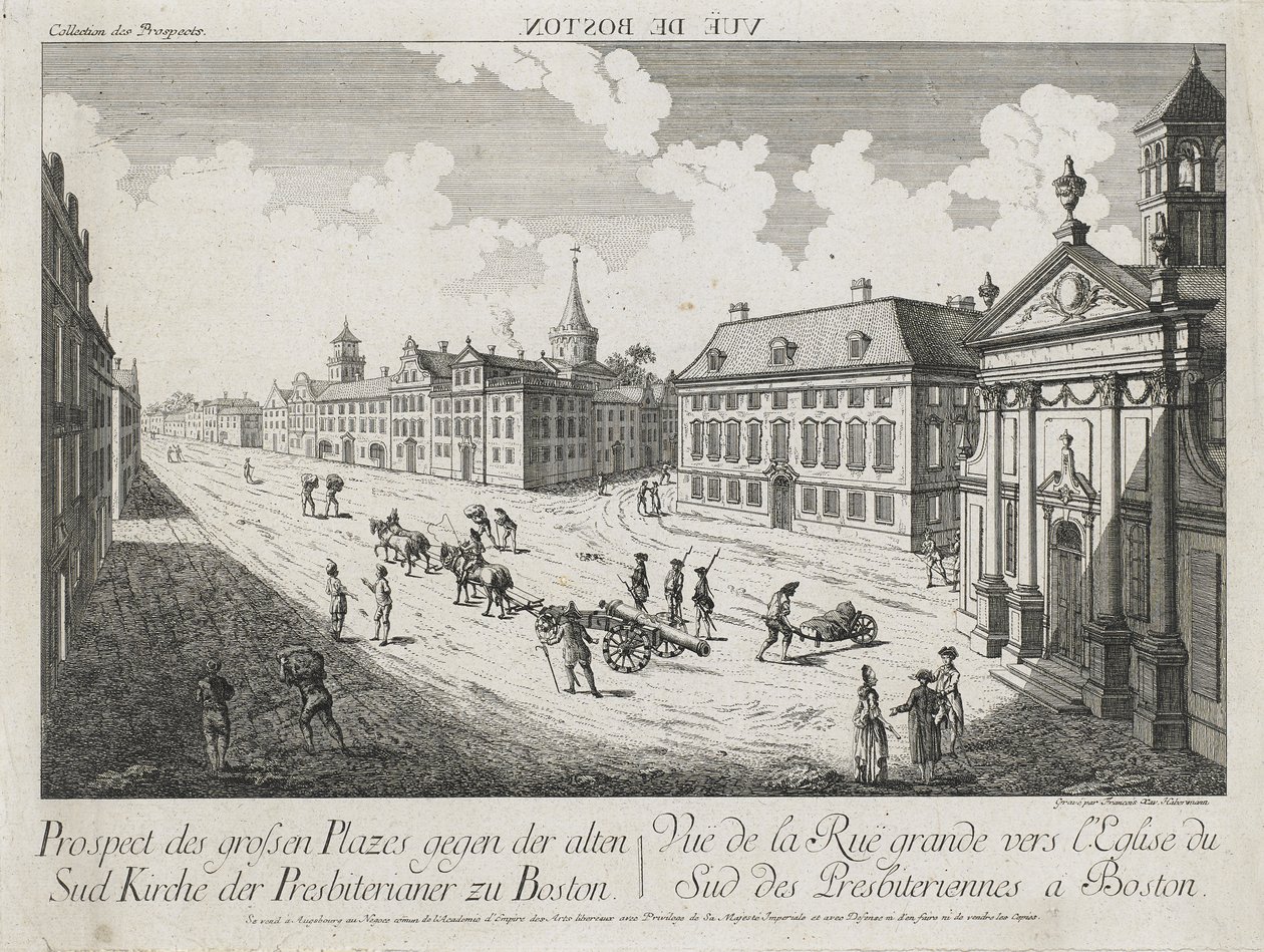 Vue d’Optique/Prospect des grossen Plazes gegen der Alten Sud Kirche der Presbiterianer zu Boston (Optikai nézet/nézet a nagy terekről a bostoni Old South Presbyterian Church felé), c. 1776 (rézkarc és metszet, fektetett papírra színezetlen) alkotó: Franz Xavier Habermann