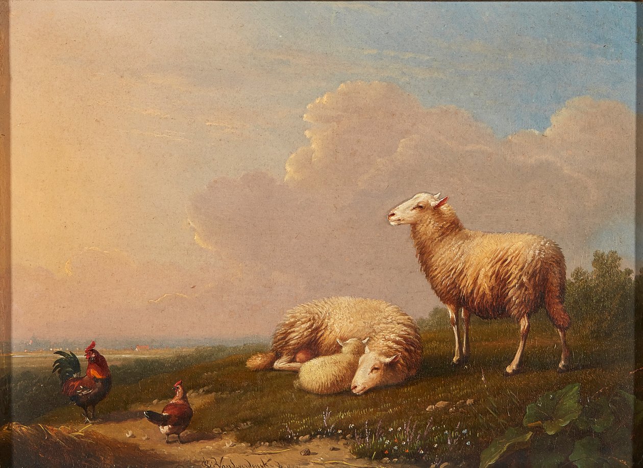 Birkák és csirkék a réten (olaj a panelen) alkotó: Franz van Severdonck