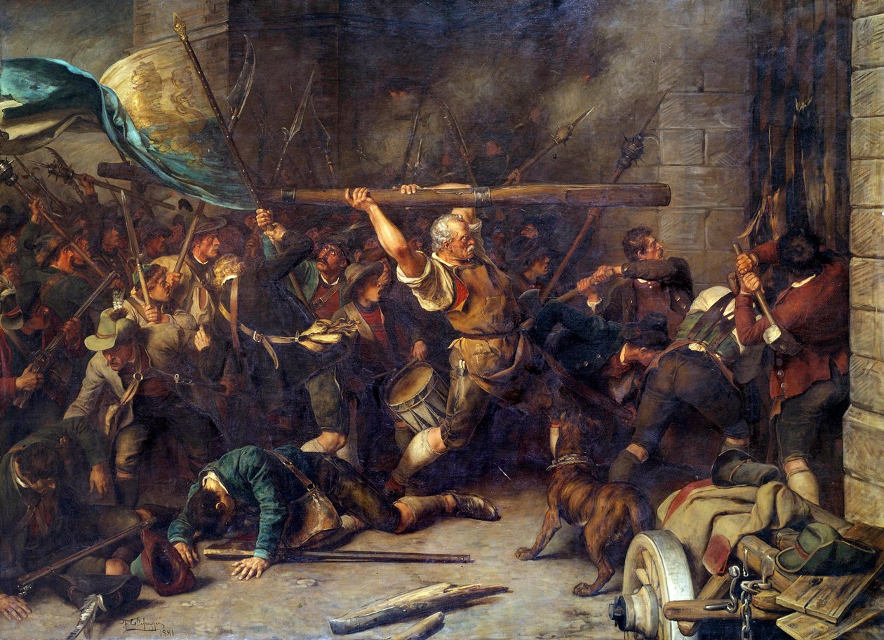 A parasztok lázadása 1850-ben A vörös sorompó megtámadása”” Franz Defregger (1835-1921) festménye alkotó: Franz von Defregger
