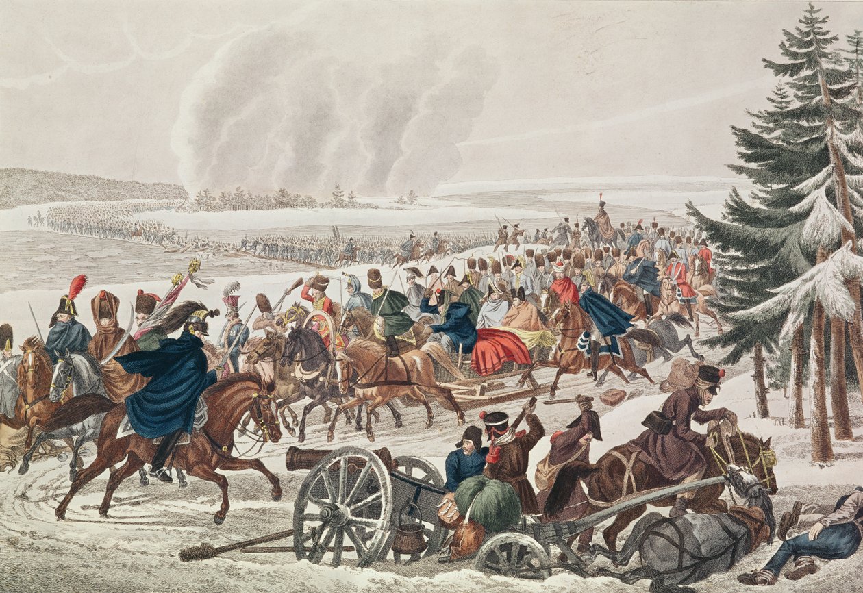 A francia hadsereg visszavonulása a Berezina folyón, 1812. november 26., metszet: J.A. Klein alkotó: Franz von Habermann