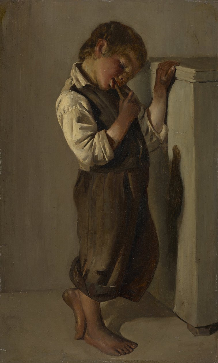 Farm fiú eszik kenyeret a nappaliban alkotó: Franz von Lenbach