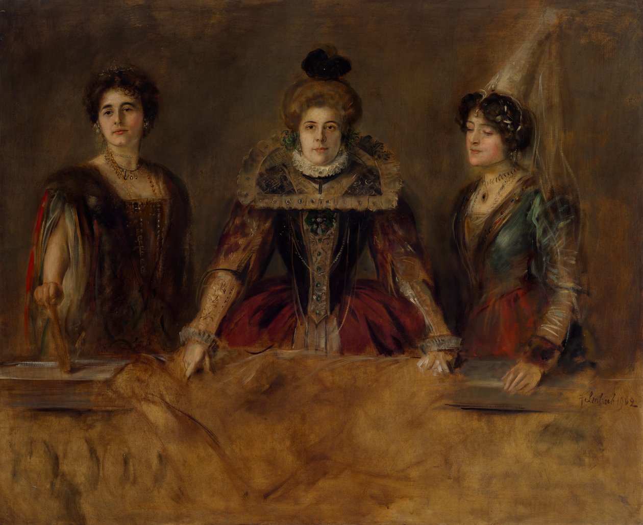 Csoportportré: három jelmezes hölgy (Miss Heuberger, Ms. Obermayer és Ms. Putz) alkotó: Franz von Lenbach