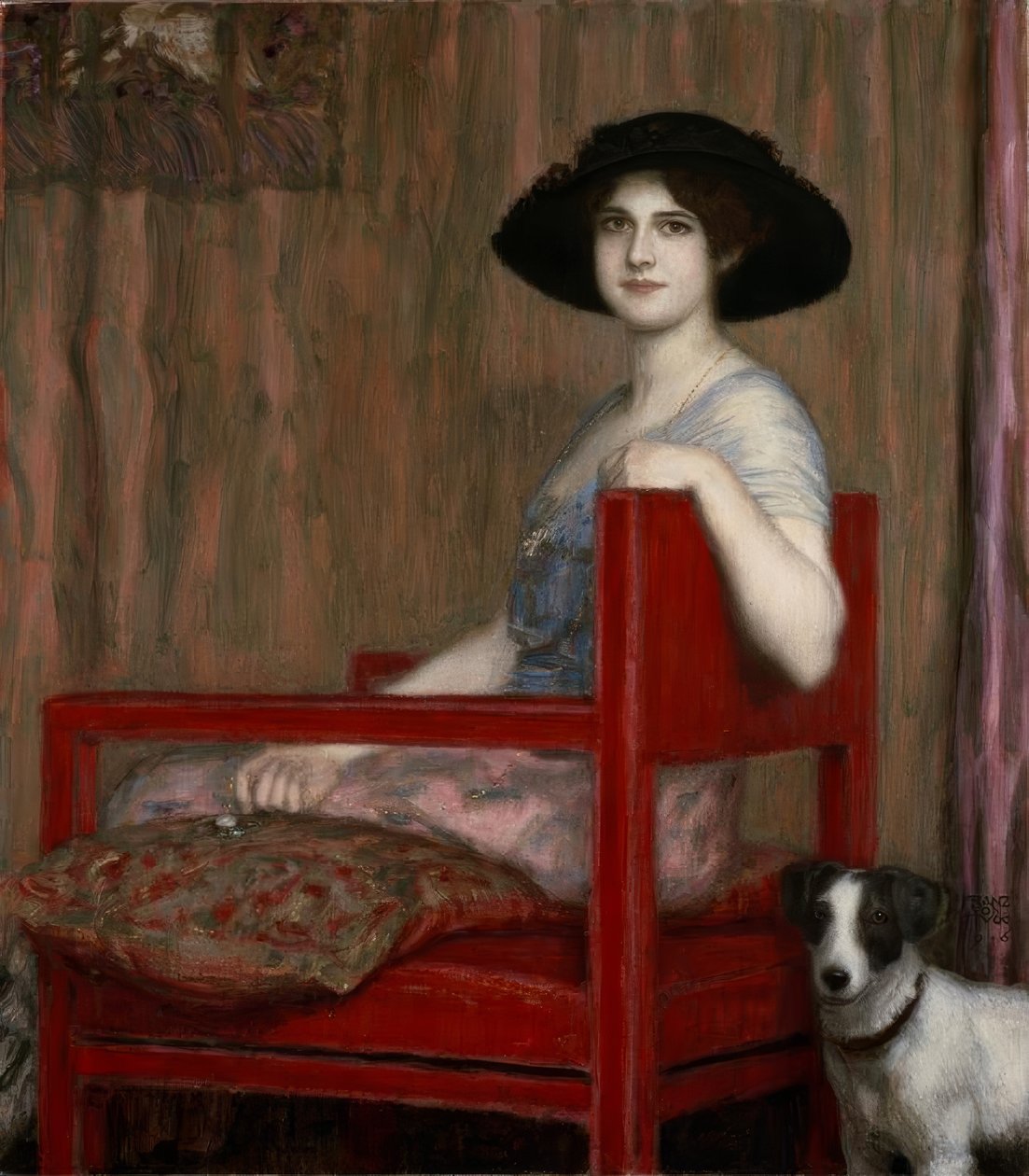 Mary von Stuck egy piros karosszékben alkotó: Franz von Stuck