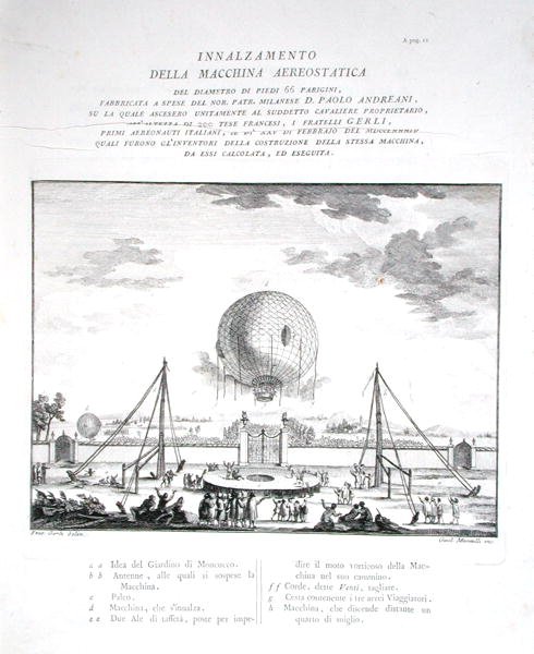 Az első emberes hőlégballon repülés Olaszországban, Paolo Andreani (1763-1823) 1784-ben, Girolamo Mantelli metszetében, 1785-ben jelent meg (metszet) (lásd még: 206819) alkotó: Fratelli Gerli (after)