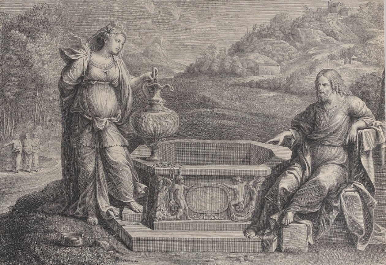 Krisztus, aki jobbra ül, és a szamáriai asszony, aki balra áll, kb. 1729. alkotó: Frédéric Horthemels
