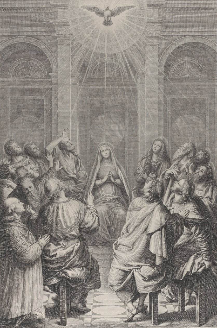 Pünkösd, körben ülő apostolokkal és Szűzanyával, a Szentlélek ap..., 1729-40. alkotó: Frédéric Horthemels
